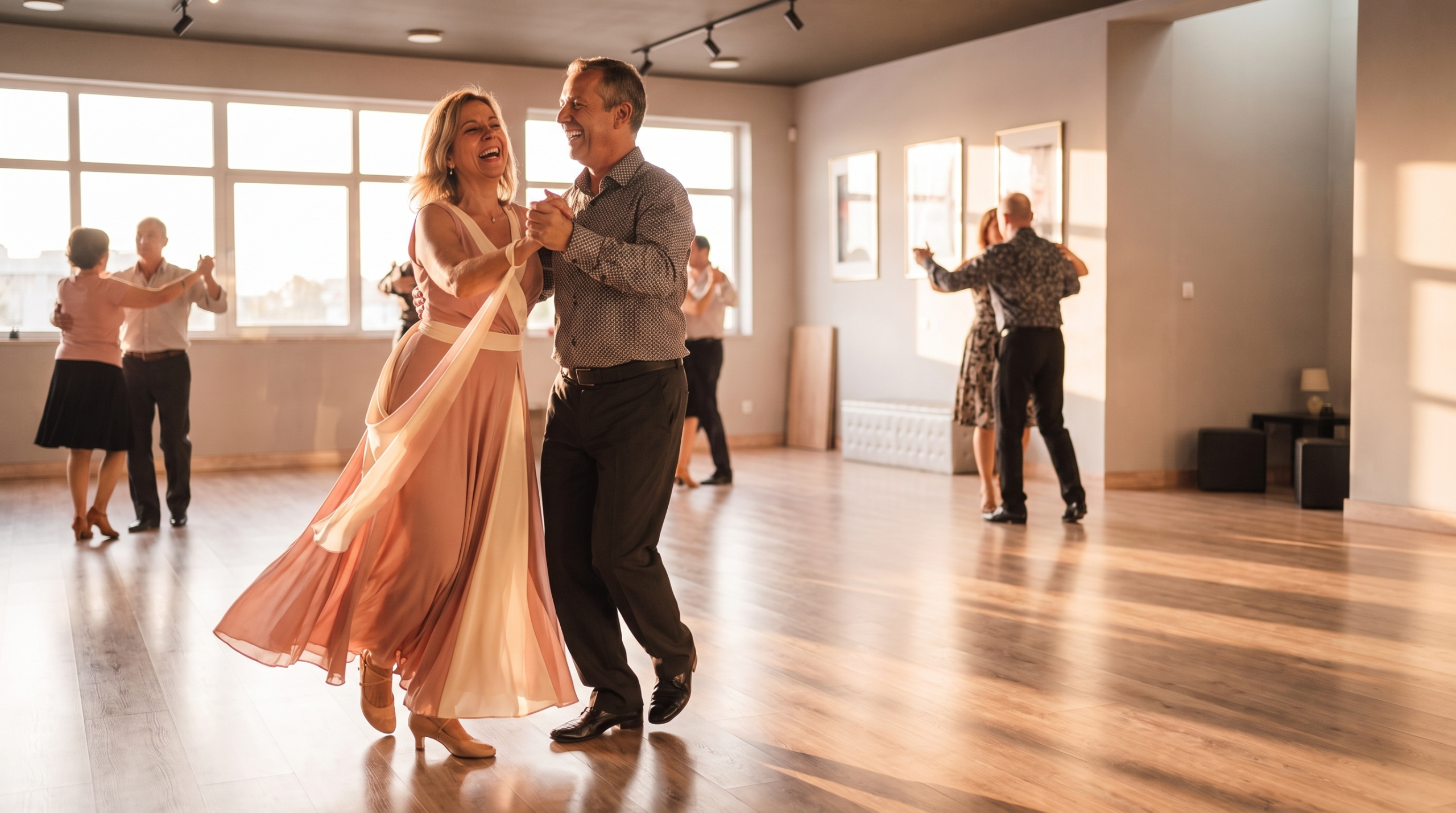 Casal a dançar sorridente num estúdio de dança acolhedor